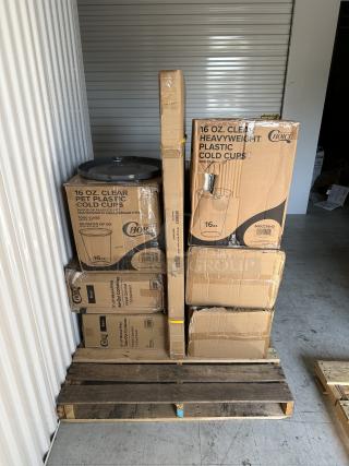 (x13) BRAND NEW! MIXED PALLET! ALL IN BOXES!  Items including: Noble - Medium Clear Powder Free Disposable Gloves - 10/100 Count, Noble - Small Black Powder Free Disposable Gloves - 10/100 Count, Regency – 18” x 48” Stainless Steel Worktable with Legs and Undershelf, Choice - 7-8 oz. Clear Plastic Cups - 500/Case, Visions - 10" White Plastic Plate with Gold Lattice - 120/Case, Choice – 8” x 8” 1 Compartment Black Microwavable Take-Out Container - 150/Case, Choice – 9” x 9” x 3” 1 Compartment Black Microwavable Take-Out Container - 150/Case, (4) Choice - 20 oz. Clear Plastic Cup - 600/Case, Lavex - 10 Gallon Gray Round Commercial Trash Can Lid, Choice - 16 oz. Clear Plastic Cup - 1,000/Case. 13 TIMES YOUR BID!!