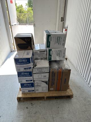 (x16) BRAND NEW! MIXED PALLET! ALL IN BOXES! Items including: (3) Noble - Large Blue Powder Free Disposable Gloves - 10/100 Count, Noble - X-Large Blue Powder Free Exam Gloves - 10/100 Count, Visions - 9" Wave Clear Plastic Plates - 180/Case, Visions - 10" White Plastic Plates with Gold Bands, Visions - 10" Florence Square White Plastic Plate - 120/Case, Choice - 16 oz. Clear Cups - 1,000/Case, Choice - White "Thank You" T-shirt Bag - 600/Case, Dart - 32 oz. SafeSeal Plastic Bowl with Dome Lid - 150/Case, Choice - Individually Wrapped Set with Knife, Fork, Spoon, and Napkin - 250/Case, Individually Wrapped Set with Knife, Fork, Spoon, and Napkin and Salt and Pepper- 250/Case, Choice - White Heavy Plastic Spoons - 1,000/Case, Dart - White Foam Lid Container - 500/Case, OneUp by Choice - 2-Ply Interfold Dispenser Napkin - 6,000/Case, Visions - 12 oz. Black Plastic Square Catering Bowl - 500/Case. 16 TIMES YOUR BID!!