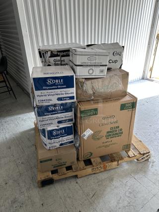 (x14) BRAND NEW! MIXED PALLET! ALL IN BOXES! Items including: (2) Choice - 12 oz. White Double Wall Paper Hot Cups - 500/Case, Choice - 8 lb. Natural Paper Bag - 500/Case, Choice - 10" White Wrapped Straws - 2,000/Case, (3) Noble - Blue Disposable Gloves - 10/100 Count, Choice - Blue Jumbo Shopping Bags - 400/Case, Tellus - 32 oz. Disposable Oval Bowls - 300/Case, Choice - 10 oz. Paper Hot Cups - 1,000/Case, Environ - Heavy Weight Plastic Forks - 1,000/Case, Dart - ClearSeal Hinged Lid Plastic Containers - 500/Case, Visions - 7" White Plastic Plates with Gold Lattice - 150/Case - 15 Pieces/Pack, 10 Packs/Case, Choice - 2 oz. Black Plastic Portion Cups - 2,500/Case. 14 TIMES YOUR BID!!