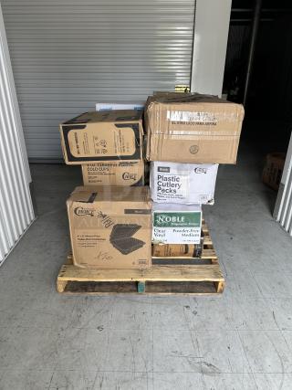 (x14) BRAND NEW! MIXED PALLET! ALL IN BOXES! Items including: EcoChoice - White 3 Compartment Takeout Box - 200/Case, Choice - 7-8oz. Clear Plastic Cups - 500/Case, Choice - 16 oz. Black Round Microwavable Container with Lid - 150/Case, Choice - 4 Cup 16-32 oz. Drink Carrier with Handle - 200/Case, Choice - 1 Compartment Black Takeout Container - 150/Case, Choice - 16 oz. Poly Paper Cold Cup - 1,000/Case, Choice - 9 oz. Clear Plastic Cold Cup - 1,000/Case, EcoPax - 1 Compartment Black Takeout Container with Lid - 150/Case, Choice - Black Heavy Weight Wrapped Plastic Cutlery Pack with Napkin and Salt and Pepper Packets - 500/Case, (2) OneUp by Choice - 2-Ply Wide Interfold Dispenser Napkin - 6,000/Case, Choice - 1 Compartment Black/Clear Plastic Hinged Container - 100/Case, Noble - Clear Vinyl Disposable Gloves - 10/100 Count, Solo - 12 oz. Hot Drink Cups. 14 TIMES YOUR BID!!