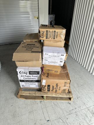 (x23) BRAND NEW! MIXED PALLET! ALL IN BOXES! Items including: (8) Choice - 12 oz. White Poly Paper Hot Cup - 1,000/Case, Choice - Heavy Duty Smoothwall Foil Entree Takeout Pans with Dome Lid - 50/Case, Choice - Aluminum Pop-Up Foil Sheets - 500/Box, (2) Baker's Lane - 4 oz. Round Foil Ramekin Cup -1,000/Case, Choice - 28 oz. Black Rectangular Heavy Weight Microwavable Container with Lid - 150/Case, (2) Choice - Medium Weight Plastic Forks - 1,000/Case, Choice - 12 oz. Heavy Weight Clear Plastic Cold Cup - 1,000/Case, Choice - Purple T-Shirt Shopping Bags - 1,000/Case, Choice - 7" Round Heavy Weight Foil Take-Out Pan - 500/Case, Choice - White Microwavable Folded Paper Take-Out Container - 160/Case, (2) Choice - 1.5 Mil Heavy Duty Plastic Food Bag - 500/Box, Eco Choice - 20 oz. Leaf Print Paper Hot Cups - 600/Case, Choice - Paper Shopping Bags with Handle - 250/Case. 23 TIMES YOUR BID!!