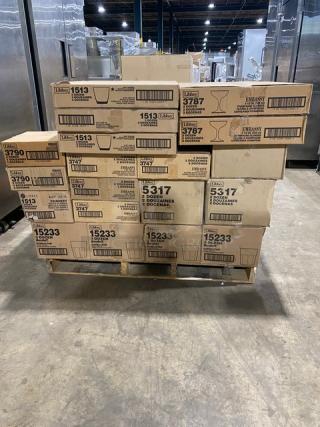 BRAND NEW! MIXED PALLET! Libbey DuraTuff Gibraltar Collection Commercial Clear 13 Oz. Double Rocks/Old Fashioned Glass! 3-Dozen Per Case!  Model: 15233! With Libbey Commercial Clear 9” Banana Split/Relish Dish! 2-Dozen Per Case! Model: 5317! With Libbey Embassy Collection Commercial Clear 7 Oz. Footed Rocks/Old Fashioned Glass! 2-Dozen Per Case! Model: 3747! With Libbey Embassy Collection Commercial Clear Heat Treated 9 Oz. Rocks Tumblers Glass! 3-Dozen Per Case! Model: 1513! With Libbey Embassy Collection Commercial Clear 1.5 Oz. Cordial Glass! 3-Dozen Per Case! Model: 3790! With Libbey Embassy Collection Commercial Clear 3.5 Oz. Champagne Glass! 3-Dozen Per Case! Model: 3787! & More!! ALL NEW IN THE BOX! 37X Your Bid!