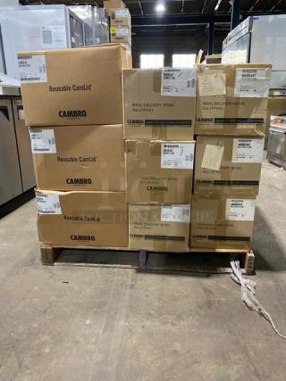 BRAND NEW! MIXED PALLET! Cambro Shoreline Collection Commercial Speckled White Reusable CamLid/Cover! 240 Per Case! Model: CLRSB9148! With Cambro Shoreline Collection Commercial Cranberry 5 Oz. Meal Delivery Bowl! 48 Per Case! Model: MDSB5487! With Cambro Shoreline Collection Commercial Navy Blue 5 Oz. Meal Delivery Bowl! 48 Per Case! Model: MDSB5497! With Cambro Commercial Translucent Disposable Lid! With Straw Slot! 1,000 Per Case! Model: CL900P190! With Lot Of Miscellaneous Kitchenware! & More! ALL NEW IN THE BOX! 57X Your Bid!