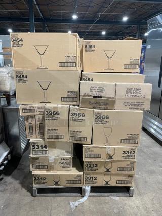 BRAND NEW! MIXED PALLET! Libbey Estate Collection Commercial Clear 10.5 Oz. Customizable Footed All Purpose Goblet Glasses! 3-Dozen Per Case! Model: 3312! With Libbey Commercial Clear 5.25 Oz. Tulip-Style Sundae Glasses! 2-Dozen Per Case! Model: 5314! With Libbey Estate Collection Commercial Clear 6.5 Oz. Teardrop-Style White Wine Glasses! 3-Dozen Per Case! Model: 3966! With Libbey Endeavor Collection Commercial Clear 5 Oz. Stackable DuraTuff Rocks/Old Fashioned Glasses! Model: 15842! With Libbey Citation Collection Commercial Clear 4.5 Oz Martini/Cocktail Glasses! 3-Dozen Per Case! Model: 8454! With Libbey Cataline Collection Commercial Clear 8.5 Oz. Wine Glasses! 3-Dozen Per Case! Model: 3820! With Libbey Commercial Clear 10 Oz. Footed Beer/Ale Glasses! 3-Dozen Per Case! Model: 3810! & More! ALL NEW IN THE BOX! 51X Your Bid!
