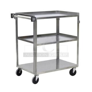 BRAND NEW! ABC Commercial Stainless Steel Heavy Duty 3-Tier Bussing/Utility Cart! With 300 Lb. Capacity! With Push Handle! Model: CART-1627! With Casters!