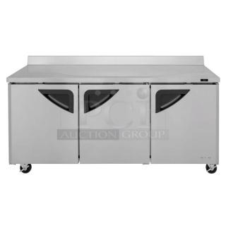 NEW! OUT OF THE BOX! Turbo-Air Super Deluxe Series Commercial Stainless Steel Solid 3 Door 72” Worktop Refrigerator! With 3.5” Back Splash! With Chrome Plated Wire Racks! Model: TWR-72SD-N SN: H2WT7R0I1006! 115V 1 Phase!