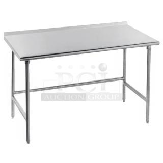 BRAND NEW! Advance Tabco Commercial Stainless Steel Open Base Worktop Table! With 1.5” Back Splash! Model: TFMS-303! On Legs!