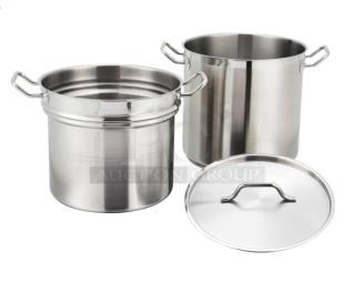 Winco Winware Series Master-Cook Collection Commercial Stainless-Steel Heavy Duty Tri-Ply Induction Ready 20 Qt. Double Broiler! With Cover & Handles! Model: SSDB-20! 2X Your Bid!