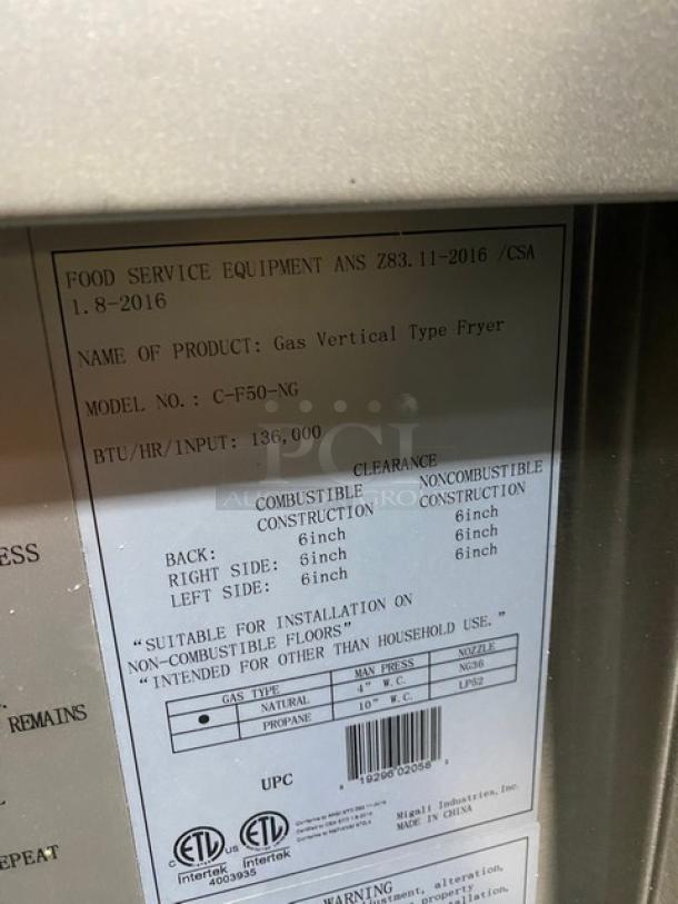NEW! SCRATCH-N-DENT! Migali! 2022! Late Model! Commercial Stainless Steel Natural Gas Powered 50 Lb. Deep Fat Fryer! With Back Splash & Basket Hanger! With New Frying Baskets! Model: C-F50-NG SN: C-F50-NGUSB100322081000920023! - Image 12 of 13
