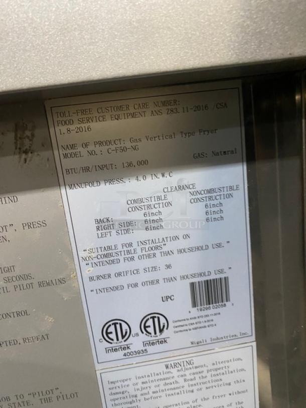 NEW! SCRATCH-N-DENT! Migali! 2017! Late Model! Commercial Stainless Steel Natural Gas Powered 50 Lb. Deep Fat Fryer! With Back Splash & Basket Hanger! With New Frying Baskets! Model: C-F50-NG SN: C-F50-NGUSB100317070700920043! - Image 10 of 11