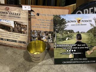 Crown Valley, Crown Pointe, Crown Ridge Sanctuary Plexiglass Adverts and Crown Valley Beer Bucket