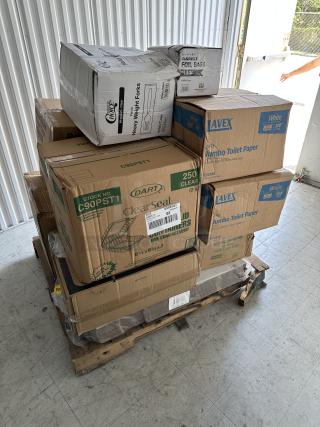 BRAND NEW! MIXED PALLET! ALL IN BOXES! Items including: Regency – 18” x 23” Stainless Steel Blender Station with Dump Sink, Choice - Natural Deli Wrap - 3,000/Case, Ecopax - 1 Compartment Black Take-Out Container - 150/Case, Choice - White Corrugated Plain Pizza Box - 50/Bundle, Carnival King - Sandwich Foil Bags - 1,000/Case, (2) Dart - ClearSeal Hinged Lid Plastic Container - 250/Case, EcoChoice - 8 oz. Compostable Hot Cup Lids - 1,000/Case, Choice - 8 oz. White Paper Frozen Yogurt Cups - 1,000/Case, (2) 2-Ply Jumbo Toilet Paper Rolls - 12/Case, (2) Choice - Heavy Weight Plastic Forks - 1,000/Case. 13 TIMES YOUR BID!! - Item #1185125