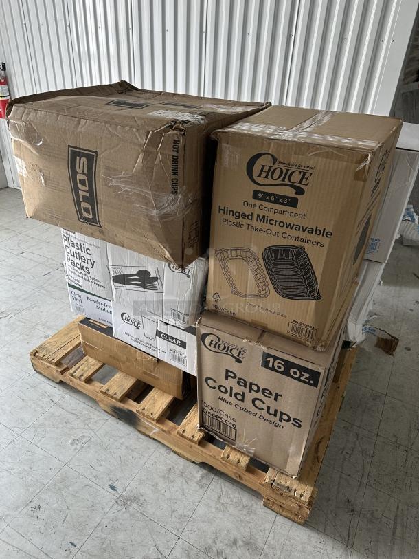 BRAND NEW! MIXED PALLET! ALL IN BOXES! Items including: EcoChoice - White 3 Compartment Takeout Box - 200/Case, Choice - 7-8oz. Clear Plastic Cups - 500/Case, Choice - 16 oz. Black Round Microwavable Container with Lid - 150/Case, Choice - 4 Cup 16-32 oz. Drink Carrier with Handle - 200/Case, Choice - 1 Compartment Black Takeout Container - 150/Case, Choice - 16 oz. Poly Paper Cold Cup - 1,000/Case, Choice - 9 oz. Clear Plastic Cold Cup - 1,000/Case, EcoPax - 1 Compartment Black Takeout Container with Lid - 150/Case, Choice - Black Heavy Weight Wrapped Plastic Cutlery Pack with Napkin and Salt and Pepper Packets - 500/Case, (2) OneUp by Choice - 2-Ply Wide Interfold Dispenser Napkin - 6,000/Case, Choice - 1 Compartment Black/Clear Plastic Hinged Container - 100/Case, Noble - Clear Vinyl Disposable Gloves - 10/100 Count, Solo - 12 oz. Hot Drink Cups. 14 TIMES YOUR BID!! - Image 2 of 4