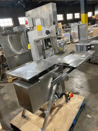 Marel Commercial Stainless Steel Electric Powered Floor Model Vertical Band Meat Saw! With Portion Control Slide Top Table! 200V! On Legs! - Item #1184590