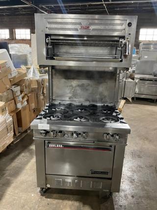 Garland Commercial Stainless Steel Natural Gas Powered 6 Burner Range/Oven Combo! With Vulcan Commercial Stainless Steel Overhead Salamander Broiler/Cheese Melter! With Wired Oven Racks! On Casters!