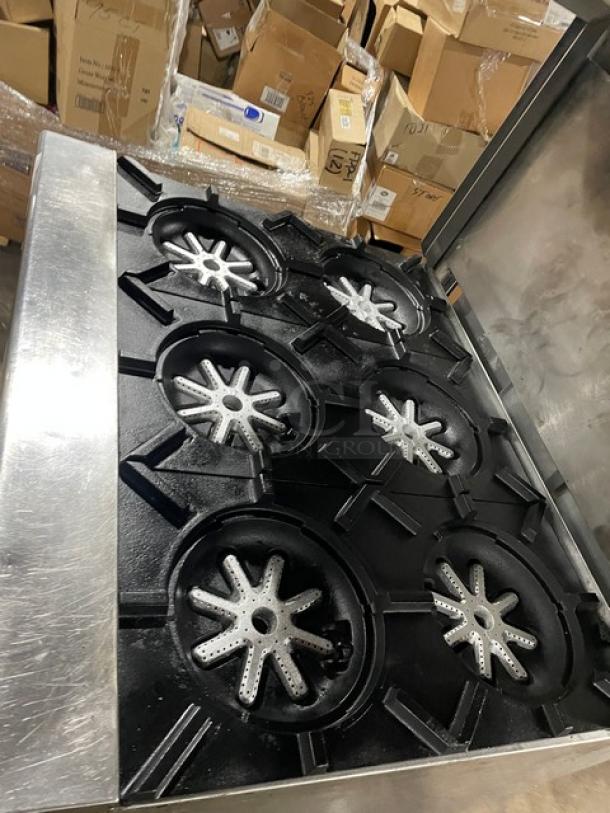 Garland Commercial Stainless Steel Natural Gas Powered 6 Burner Range/Oven Combo! With Vulcan Commercial Stainless Steel Overhead Salamander Broiler/Cheese Melter! With Wired Oven Racks! On Casters! - Image 5 of 9