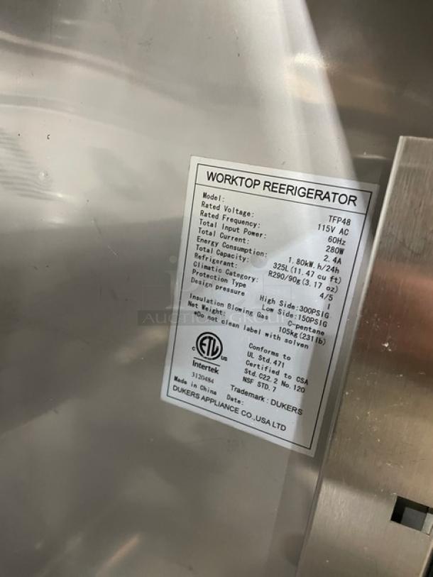 Dukers Commercial Stainless Steel 2 Door Refrigerated Bain Marie Style Mega Top Salad/Sandwich Prep Table! Model: TFP48! 115V! On Casters! - Image 7 of 8