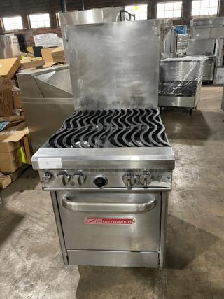 RARE FIND! Southbend! Late Model! Commercial Stainless Steel Natural Gas Powered 4 Burner Range/Oven Combo! With Non-Clog Wavy Grates! With Back Splash! With Wire Oven Rack! Model: 4242E SN: 17C61665! On Casters! WORKING WHEN REMOVED!