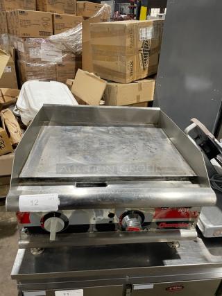 APW Wyott Champion Cook Series Commercial Stainless Steel Natural Gas Powered 24" Countertop Flat Griddle! With Snap-Action Thermostatic Controls & 1" Thick Smooth Polished Steel Griddle Plate! With Back & Side Splash! On Legs!