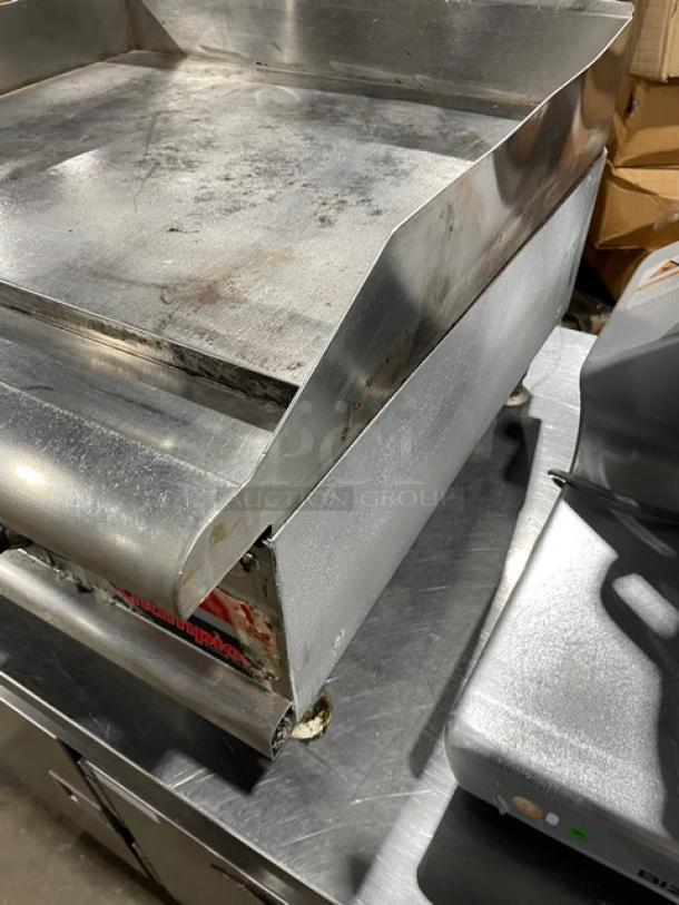 APW Wyott Champion Cook Series Commercial Stainless Steel Natural Gas Powered 24" Countertop Flat Griddle! With Snap-Action Thermostatic Controls & 1" Thick Smooth Polished Steel Griddle Plate! With Back & Side Splash! On Legs! - Image 2 of 7