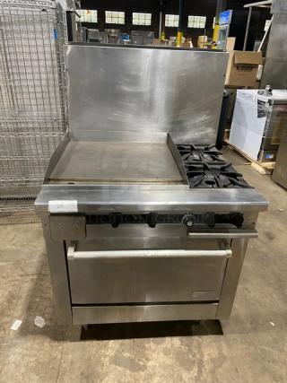 Therma-Tek Commercial Stainless Steel Natural Gas Powered Flat Griddle/2 Burner Split Top Range & Oven Combo! With Back Splash! Model: TMDS36-24G-2-1N SN: 11K02659C! On Legs!