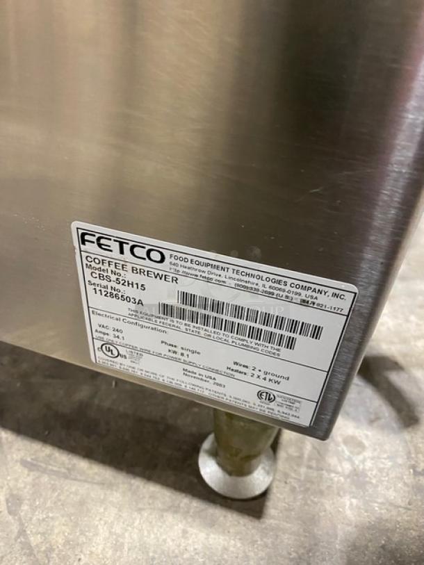 Fetco Commercial Stainless Steel Electric Powered Countertop Automatic Twin Coffee Brewer! With Hot Water Dispenser! Model: CBS-52H15 SN: 11286503A! 240V 1 Phase! On Legs! - Image 7 of 9
