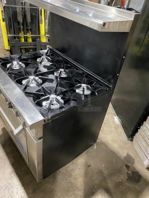 Imperial Commercial Stainless Steel Natural Gas Powered 6 Burner Range/Oven Combo! With Back Splash & Overhead Salamander Shelf! With Wired Oven Rack! On Legs! - Image 2 of 9