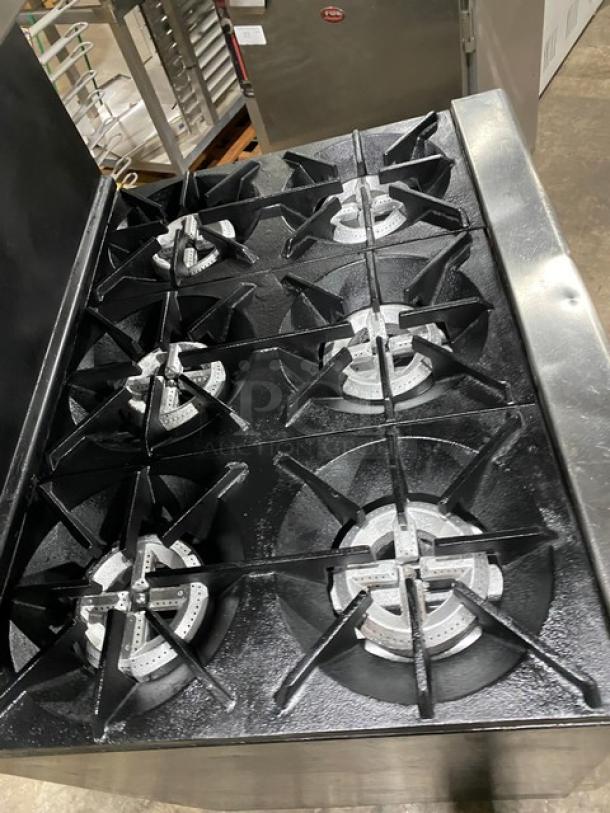 Imperial Commercial Stainless Steel Natural Gas Powered 6 Burner Range/Oven Combo! With Back Splash & Overhead Salamander Shelf! With Wired Oven Rack! On Legs! - Image 5 of 9
