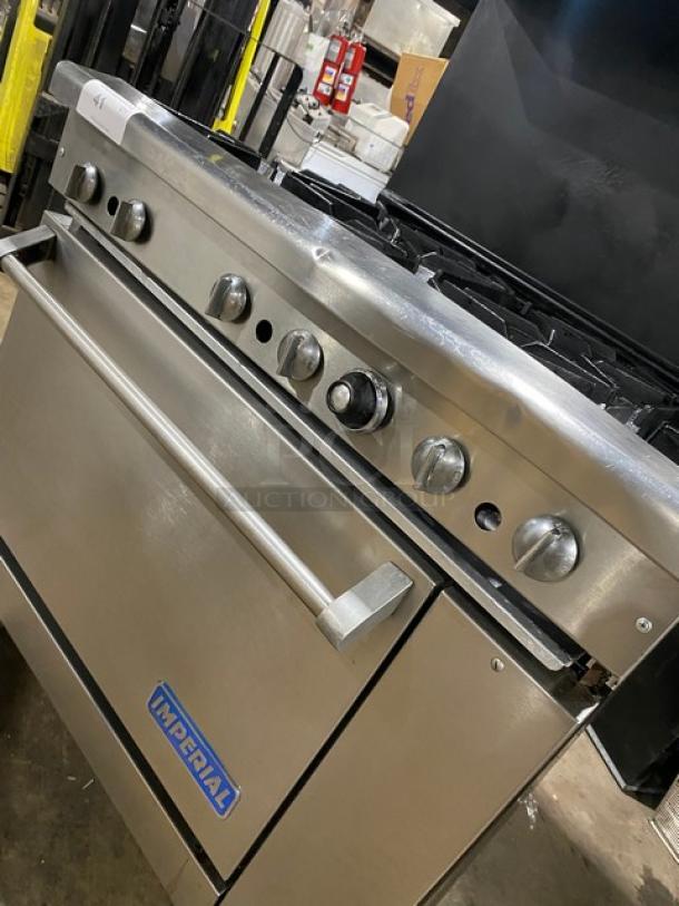 Imperial Commercial Stainless Steel Natural Gas Powered 6 Burner Range/Oven Combo! With Back Splash & Overhead Salamander Shelf! With Wired Oven Rack! On Legs! - Image 8 of 9