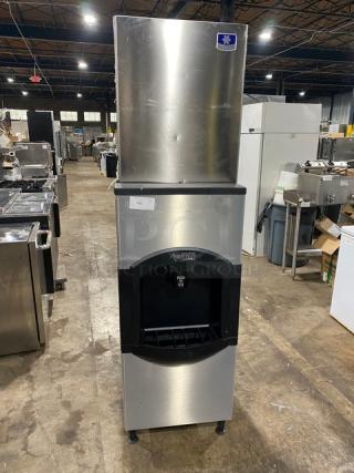 Manitowoc Commercial Stainless Steel Electric Powered Air-Cooled Modular Nugget Ice Making Machine Head/Avantco Push-Dispensing Ice Storage Bin Combo! Model: RNS0308A SN: M07759212016! 115V 1 Phase! On Legs! - Item #1184646