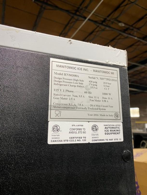Manitowoc Commercial Stainless Steel Electric Powered Air-Cooled Modular Nugget Ice Making Machine Head/Avantco Push-Dispensing Ice Storage Bin Combo! Model: RNS0308A SN: M07759212016! 115V 1 Phase! On Legs! - Image 7 of 8