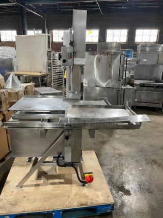 Marel Commercial Stainless Steel Electric Powered Floor Model Vertical Band Meat Saw! With Portion Control Slide Top Table! 200V! On Legs! - Item #1184590