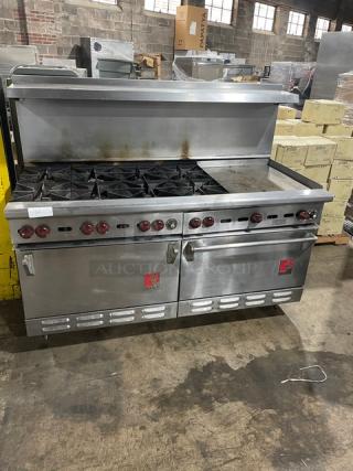 Wolf Commercial Stainless Steel Natural Gas Powered 8 Burner/Flat Griddle Split Top Range & Double Oven Combo! With Back Splash & Overhead Salamander Shelf! On Legs!