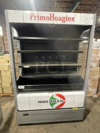 Ojeda Primo Hoagies Style Commercial White Multi-Teir Refrigerated Open Grab-N-Go Merchandiser Display Case! With Pull-Down Night Curtain! Model: ALPA-120H SN: 0831406-39034-Y! 120V 1 Phase!