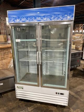 Avantco Commercial White Powder Coated Double Glass Swing Door Reach In Merchandiser Freezer! With Poly Coated Wire Racks! Model: 178GDC40F SN: 6212311616071906! 115V! On Casters!