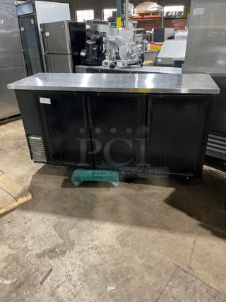 True Commercial Black Powder Coated Solid Triple Door Refrigerated Back Bar Cooler! With Stainless Steel Worktop! With Poly Coated Wire Racks! Model: TBB-24-72G SN: 7482721! 115V 1 Phase!