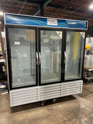 Beverage-Air Commercial White Powder Coated Triple Glass Swing Door Reach In Merchandiser Refrigerator! With Poly Coated Wire Racks! Model: CRG74-1 SN: 7051333! 115V 1 Phase!