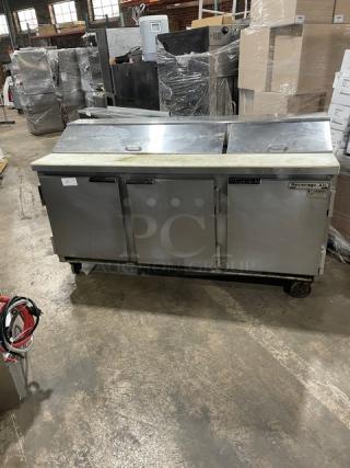 Beverage-Air Commercial Stainless Steel 3 Door Refrigerated Bain Marie Style Mega Top Salad/Sandwich Prep Table! With Cutting Board! With Poly Coated Wire Racks! Model: SP72-18 SN: 8008898! 115V 1 Phase! On Casters!