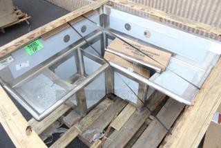 BRAND NEW SCRATCH-N-DENT! Regency 44 1/2" 16 Gauge Stainless Steel Three Compartment Commercial Corner Sink with Two Drainboards - 14" x 14" x 14" Bowls