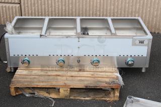 BRAND NEW SCRATCH-N-DENT! Backyard Pro 554BPGST4WLP Four Pan Open Well Mobile Liquid Propane Outdoor Steam Table with Undershelf - 14,000 BTU. SERIAL #: 202408207030