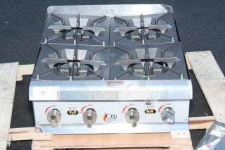 BRAND NEW SCRATCH-N-DENT!	Cooking Performance Group R-CPG-24-NL 4 Burner Gas Countertop Range / Hot Plate - 88,000 BTU.  Serial Number: 2410007292. 24"x26-3/16"x15" Back right corner and middle support beam are bent causing the grates to be uneven.