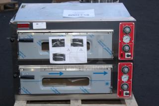 BRAND NEW SCRATCH-N-DENT!  Omcan 40636 Electric Countertop 27 5/8" Double Deck Entry Max Series Pizza Oven - 220V, 3 Phase, 11.2 kW.  SERIAL#0310554. IN WORKING ORDER. Unit is dented.