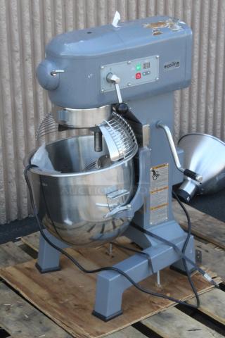 BRAND NEW SCRATCH-N-DENT! Ecoline by Hobart EMM20-1STD 20 Qt. Planetary Stand Mixer with Guard & Standard Accessories - 120V, 1 HP. S/N: EY0000868. Bowl is missing left side latch.