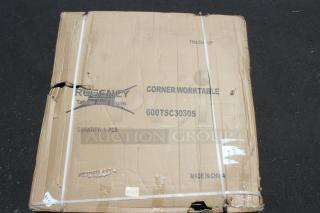 BRAND NEW IN THE BOX! Regency 600TSC3030S 30" x 30" 16 Gauge Stainless Steel Corner Work Table With Undershelf. Length: 38 Inches, Width: 38 Inches, Height: 38 Inches, Work Surface Height: 34 Inches, Backsplash Height:	4 Inches. Packaging is damaged.