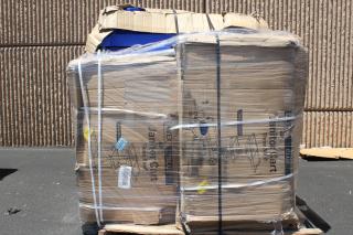 BRAND NEW! Lavex Premium Blue 3-Shelf Janitor Cart Kit with Yellow Bag, Black Zippered Bag, and Lid. Boxes damaged. Parts may be missing. 10x Your Bid.
