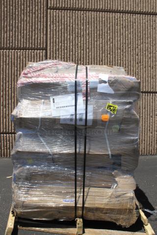 BRAND NEW! Lavex Premium Blue 3-Shelf Janitor Cart Kit with Yellow Bag, Black Zippered Bag, and Lid. Boxes damaged. Parts may be missing. 10x Your Bid.