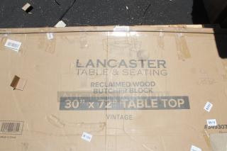 BRAND NEW IN THE BOX! Lancaster Table & Seating 3493072BBVIN 30" x 72" Rectangular Wood Butcher Block Table Top with Vintage Finish, 2" Thickness.