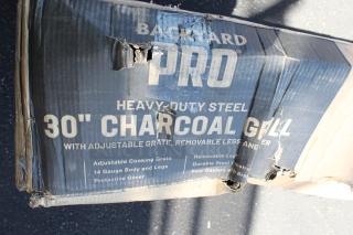 BRAND NEW SCRATCH-N-DENT! Backyard Pro CHAR-30 30" Heavy-Duty Steel Charcoal Grill with Adjustable Grates, Removable Legs, and Cover. Packaging is damaged. May be missing parts.
