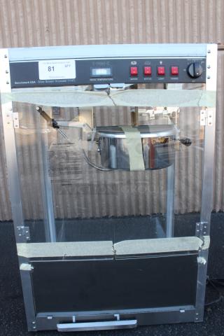 BRAND NEW SCRATCH-N-DENT! Benchmark USA 11147 Silver Screen 14 oz. Stainless Steel Popcorn Machine - 120V, 1760W. Broken Glass. Parts may be missing.