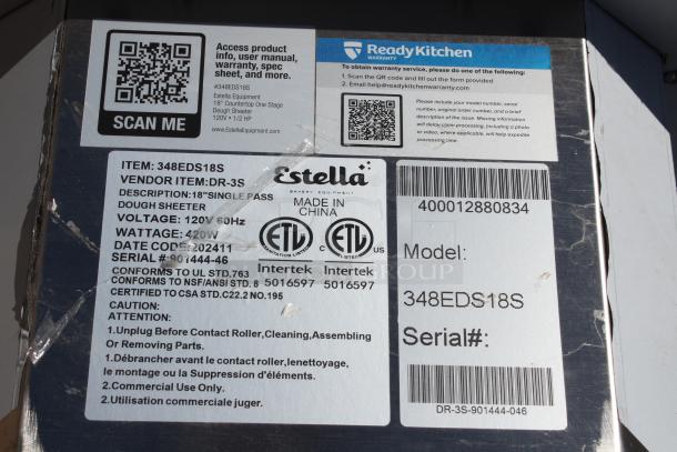 Estella 18" Dough Sheeter box label; model 348EDS18S, 120V, 420W, UL/ETL certified, ready for commercial use.